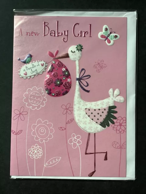 NEW BABY GIRL CARD (7”x5”) Stork With A Bundle Of Joy