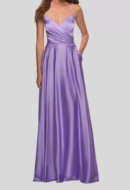 $395 La Femme Women's Purple Satin Ruched Strappy Gown Dress Size 0