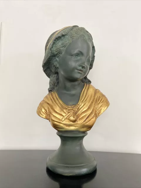 Buste ancien en plâtre peint  jeune fille, femme Avec Coiffe Doré antique bust
