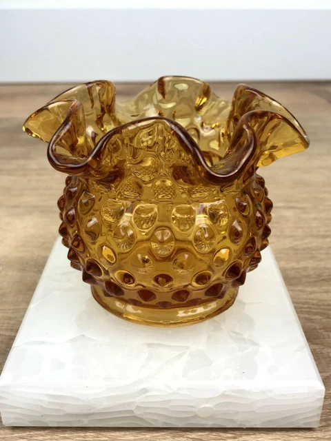 Vintage Fenton Art Glass Amber Gold Hobnail Ruffled Open Rose Bowl Vase Dish 3"