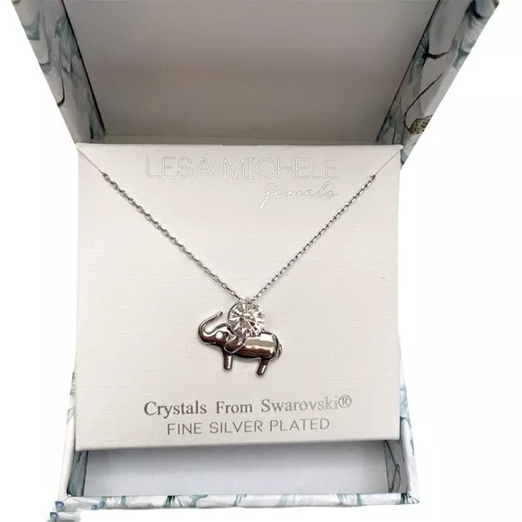 Lesa Michele Jewels Elephant Swarovski Necklace 18" Silver Tone