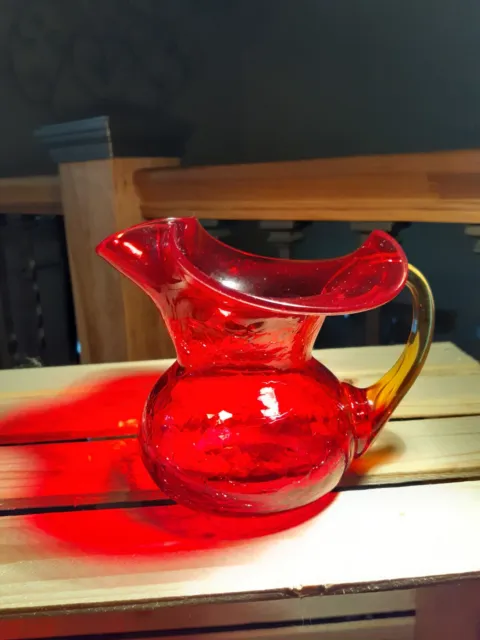 Red Glass  Amberina Crackle Hand Blown Wide Mouth Pitcher with  Amber Handle