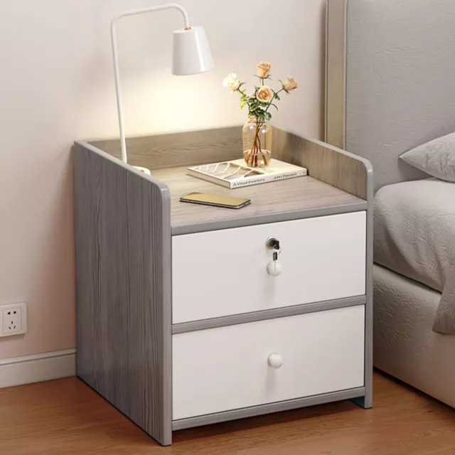 2 Drawers with Lock Design Storage Cabinet Bedroom Open Tabletop Bedside Tables