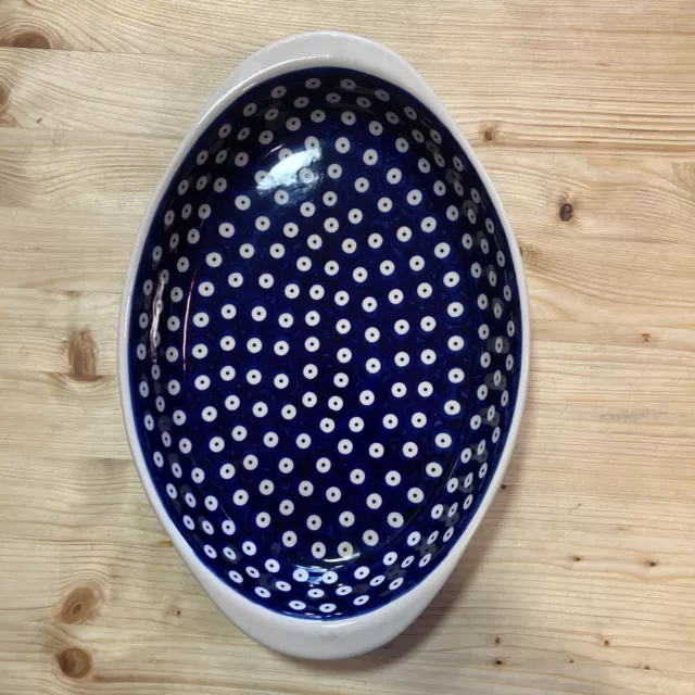 Boleslawiec Polish Pottery Oval Baking Dish Casserole  13x9” Blue White Dots