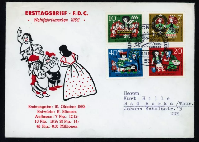 FDC BUND 1962 Wohlfahrt: Märchen der Brüder Grimm (IV) MiNr. 385 - 388