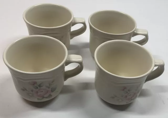 Pfaltzgraff Tea Rose Coffee Mugs Teacups Pink Blue Roses Imprint USA Set Of 4