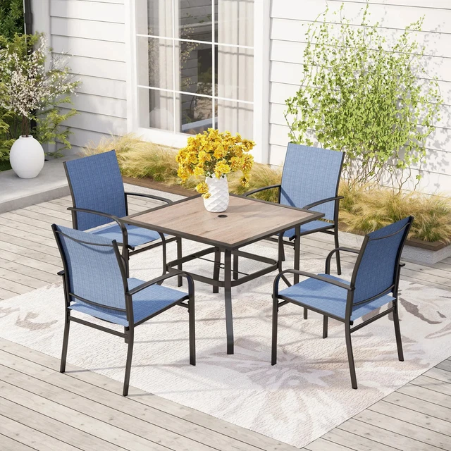 PHI VILLA 5 Piece Patio Dining Set with Umbrella Hole Outdoor Table for