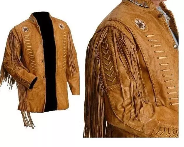Men American Native Western Cowboy Real Leather Jacket Fringed & Beaded - Brown