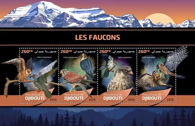 FALCONS Birds of Prey 4-Value MNH Bird Stamp Sheet #111 (2016 Djibouti)