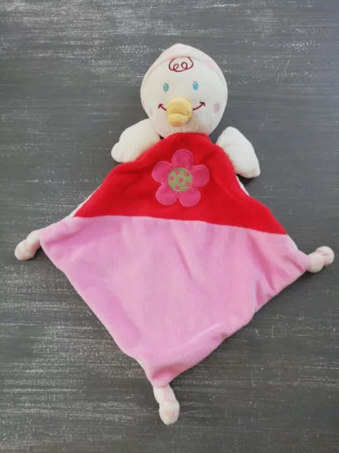 Doudou Nicotoy Kiabi Oie Canard Oiseau Blanc Rose Rouge Rayé 3 Noeuds Fleur