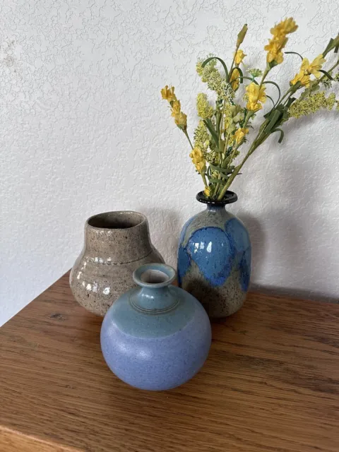 Set of 3 Handmade Studio Clay Pottery Vases Blue Beige Trio Collected Decor 5”