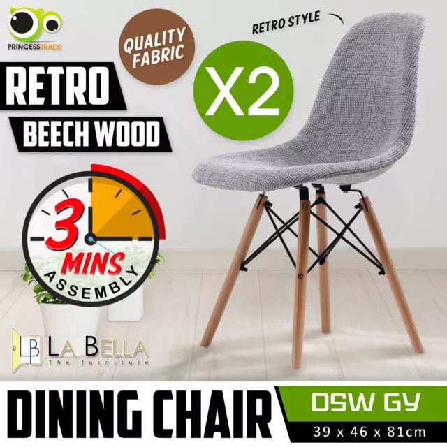 2X Retro Replica DSW Fabric Beech Dining Chair Cafe Kitchen Grey