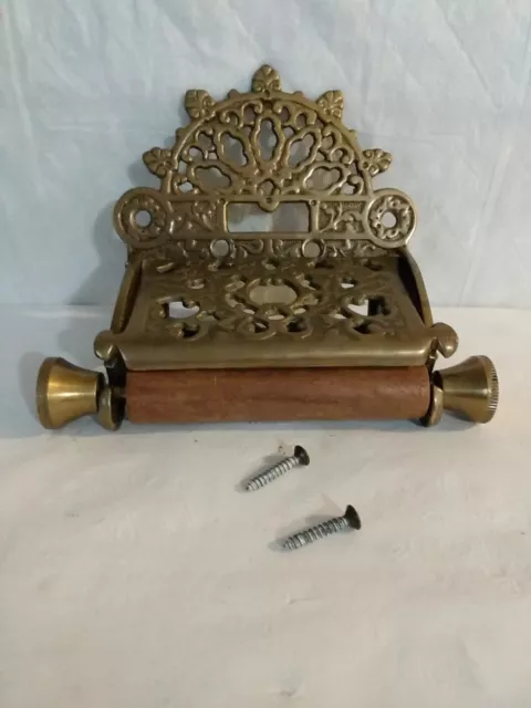 Victorian Style Solid Brass Toilet Paper Holder With Wooden Holder.