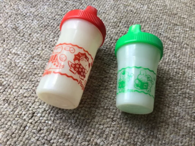 2 VTG Playtex insulation sippy cups spill proof, red dinosaurs and green animals