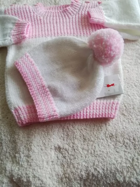 Hand knitted Baby's jumper White / Pink With Matching Bobble Hat  9-12 months DK