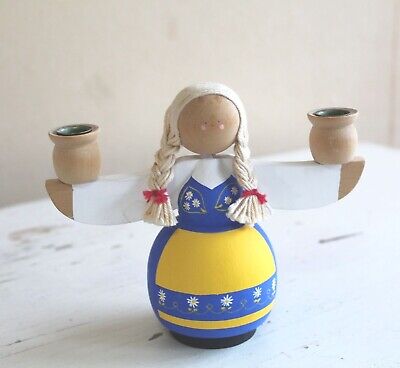 Swedish Girl Wooden Double Candleholder Hand Painted Handmalat Ellerbergs Sweden