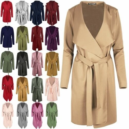 Donna Manica Lunga Oversize Cascata Italiano Giacca con Cintura Spolverino