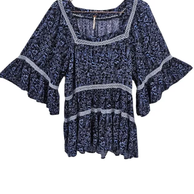 Free People Womens Small Talk About It Blue Floral Cottagecore Boho Tunic Top