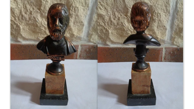Statue Buste Homer Poete Grec En Regule Patine Bronze Sur Socle Marbre