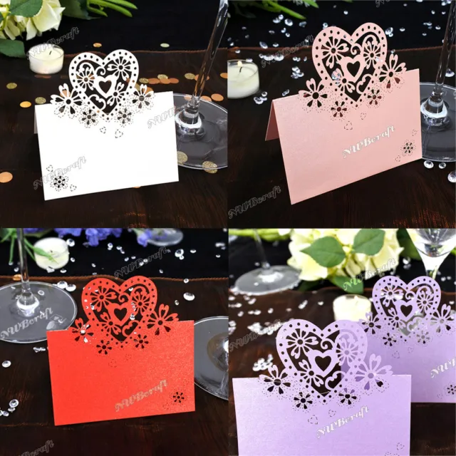 20Pcs Table Name Place Cards Love Hearts Wedding Party Pearlescent Laser Cut