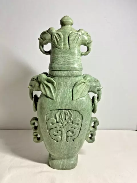 Antique Asian Heavy Green Jade Jadeite Hand Carved Multi Ring Elephant Head Vase
