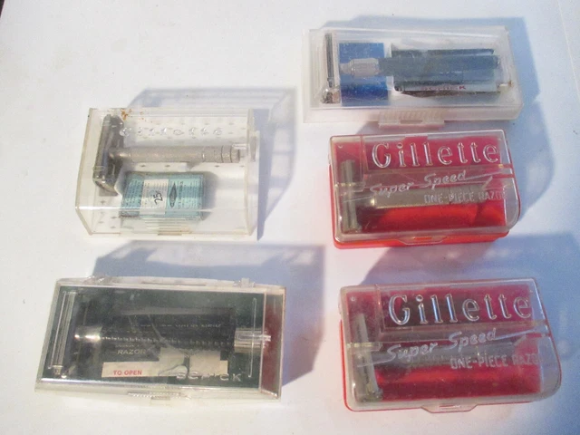 Lot 5 Vintage Safety Razors Gillette Schick  in Plastic Cases