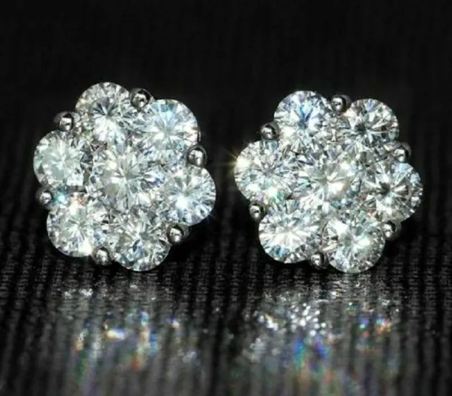 1.50 Ct Round Cut Simulated Diamond Cluster Stud Earrings 14K White Gold Plated