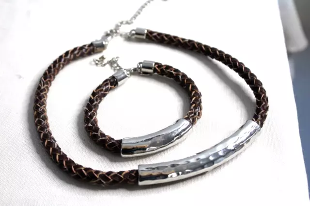 Premier Designs Braided Faux Leather Silvertone Slider Bar Necklace & Bracelet