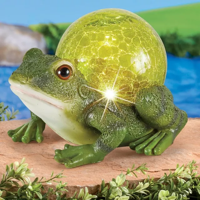 Solar Powered Lighted Crackled Glass Gazing Ball Frog Garden Statue