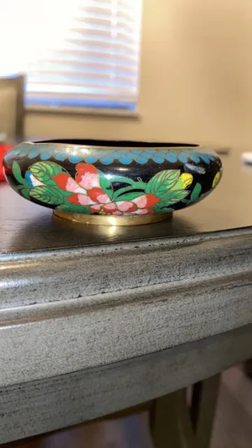 Antique Chinese Cloisonne Bowl - Green w/Floral Design