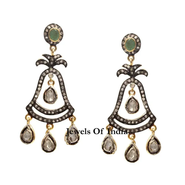 Natural Pave Diamond & Polki Emerald 925 Sterling Silver Victorian Earrings