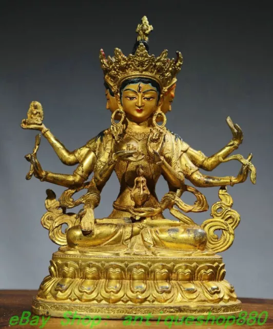 8.6"Old Tibet Bronze Gild Painting 3 Head 8 Arms Namgyalma Ushnishavijaya Buddha