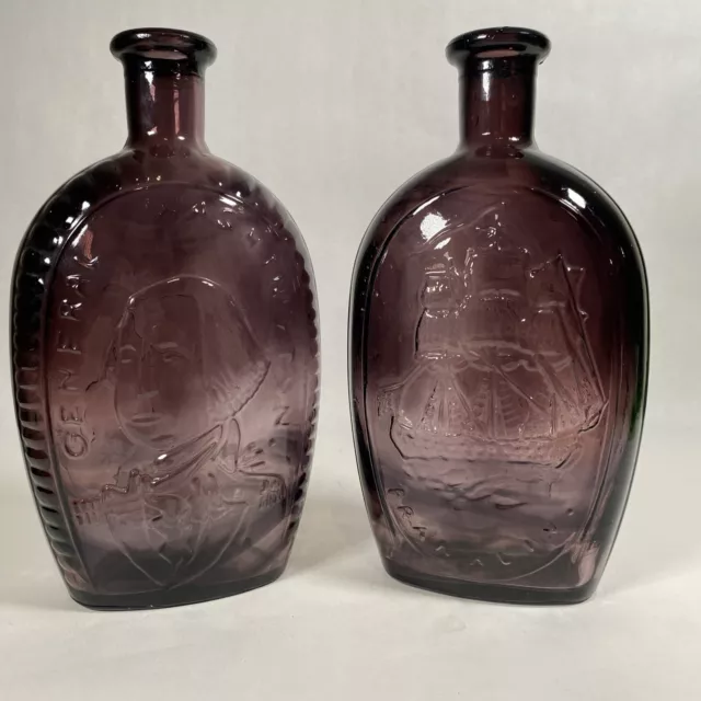 VTG Embossed Set of 2 General Washington & Eagle Glass Bottle Amethyst 8.5” Tall