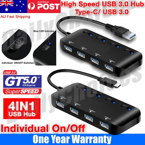 Multi USB 3.0 Hub 4 Port High Speed Slim Compact Expansion Smart Splitter AUS