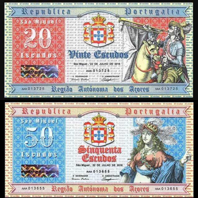 LOT of 2 pcs PORTUGAL 20 and 50 ESCUDOS 2018 year POLYMER UNC uncirculated
