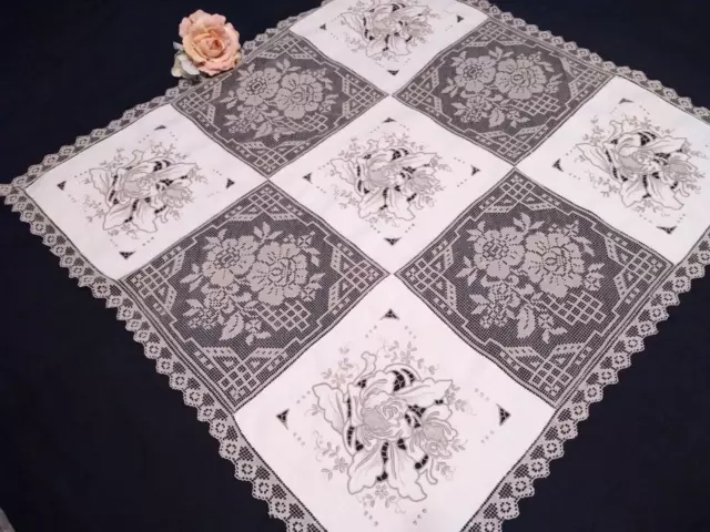 Vintage Hand Embroidered Linen Tablecloth Madeira Roses & Floral Lace