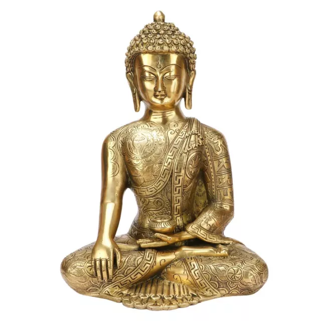 Brass Buddha Statue Buddhism Life Sign Earth Touching Sitting Sculpture 12" Inch