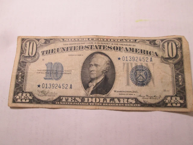 1934 A Star Note $10 Silver Certificate Small Size Note Fine Condition