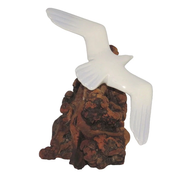 Vintage Ceramic SEAGULL Bird on Burled Wood Sculpture
