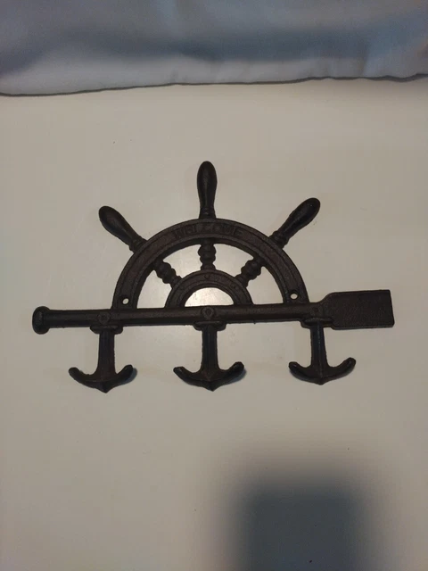 Cast Iron Nautical Ships Wheel With 3 Anchor Hooks Wall Hanger