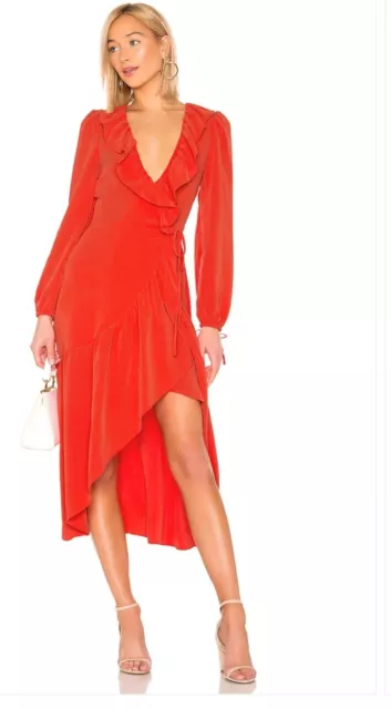 Tularosa X Revolve Red Stevie Ruffle Midi Wrap Dress Womens Small Long Sleeve