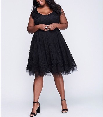 LANE BRYANT WOMEN'S BLACK LACE W/ TULLE HEM FIT & FLARE LINED DRESS PLUS Sz 16
