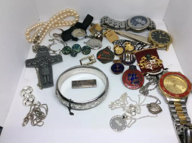 Job Lot Antique Vintage Collectables - Junk Drawer Scrap Silver Jewellery Badges