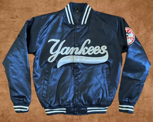 Yankees NY 90s Vintage Athletic Navy Blue Satin Bomber Style Varsity Jacket Men