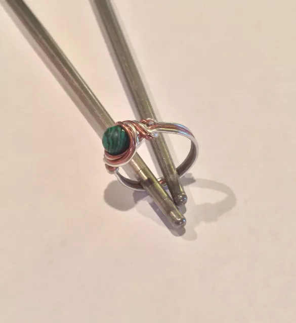 Copper & Silver Green Malachite Gemstone Ring Open Size See Listing For Details