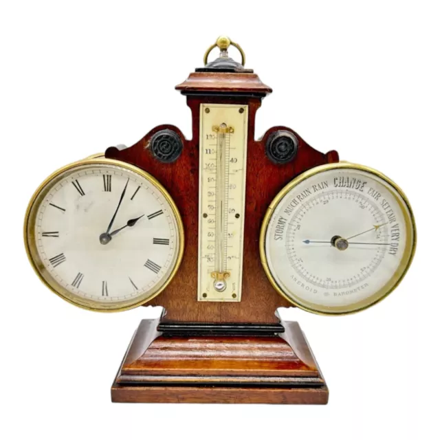 ANTIQUE LATE 19th CENTURY MAHOGANY DESK CLOCK BAROMETER AND THERMOMETER