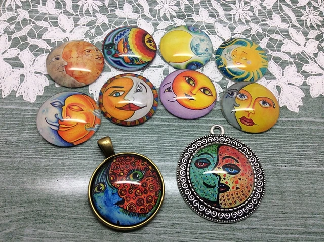 10 Sun and Moon Cabochons 16-25mm Mixed Round Glass Cabochon Flat Back Crafts 2