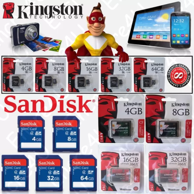 Carte mémoire SD SANDISK ou MicroSD KINGSTON - Capacité 8 16 32 ou 64 Go Gb Giga