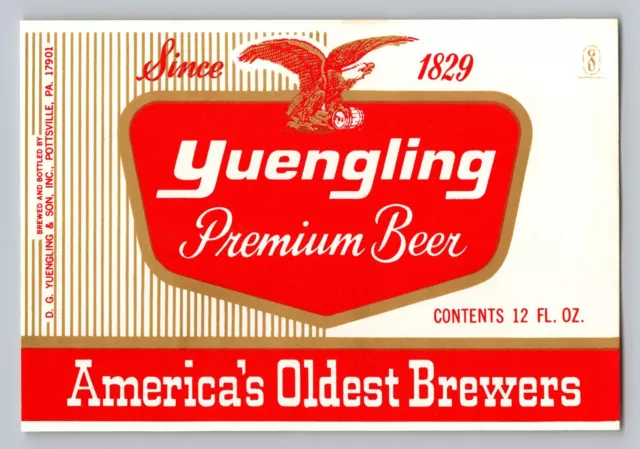 Yuengling Premium Beer 12 oz Bottle Label Pottsville PA Since 1829 Eagle Logo