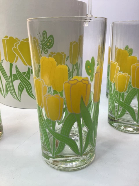 Georges Briard Yellow Floral Vinyl Ice Bucket+5 glasses lucite Handle Vintage G1